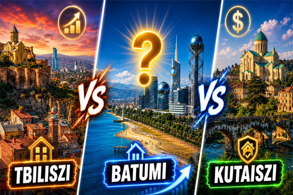 Grúzia három városa, Tbiliszi, Batumi és Kutaiszi közötti összehasonlítás ingatlanbefektetési és pénzügyi ikonokkal, 'VS' feliratokkal felosztva.